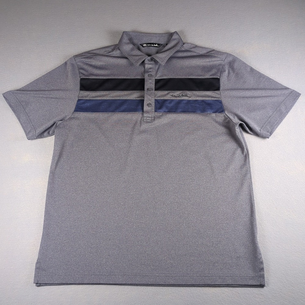 Travis Mathew Polo Shirt Mens Large Gray Black Blue Striped Golf Casual No Logos